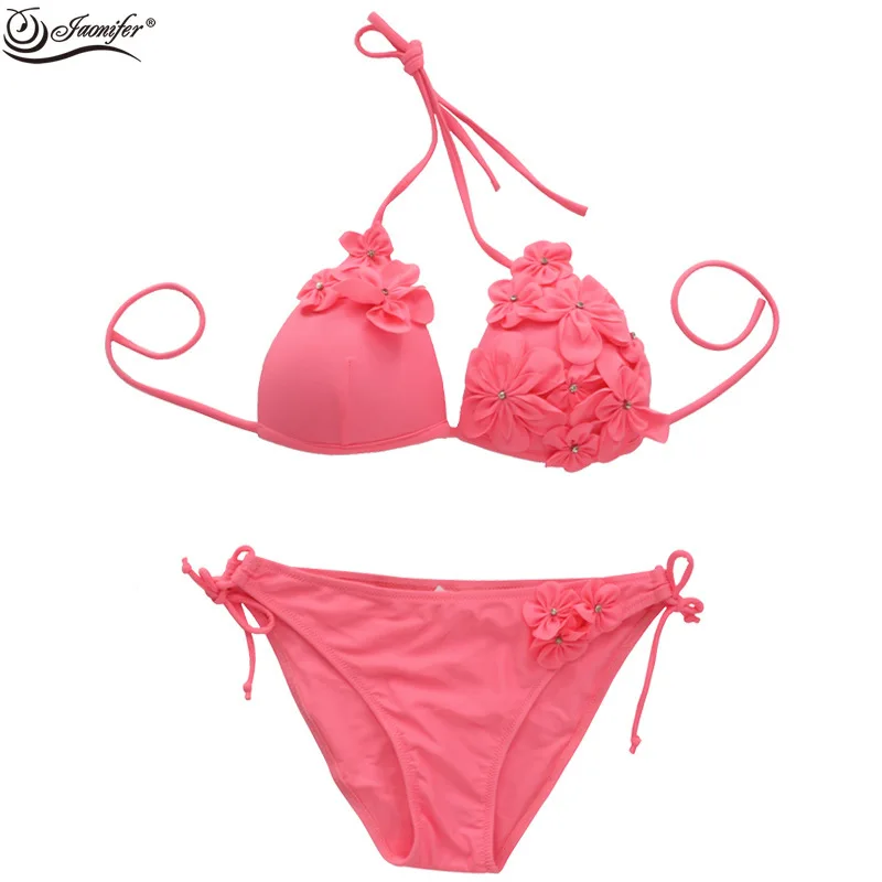 2018 Hand stitched Pollen colored Peach Blossom Swimsuit Women Bikini