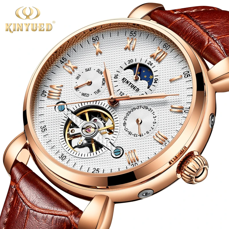

KINYUED Automatic Tourbillon Watch Men Moon Phase Luxury Fashion Brand Skeleton Mechanical Watches Mens Rose Gold Reloj 2018