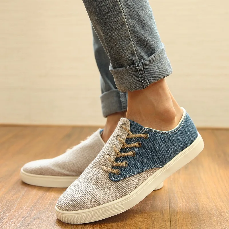 Mens Casual Knitting Flats Hot Breathable Hemp Lace Up Mens Shoes Youth ...