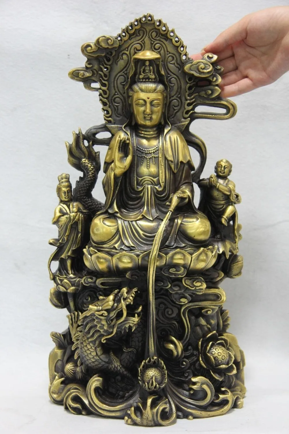 

zhaomeirui40++China Brass Copper Boys Dragon lotus flower Kwan-Yin GuanYin Bodhisattva Statue