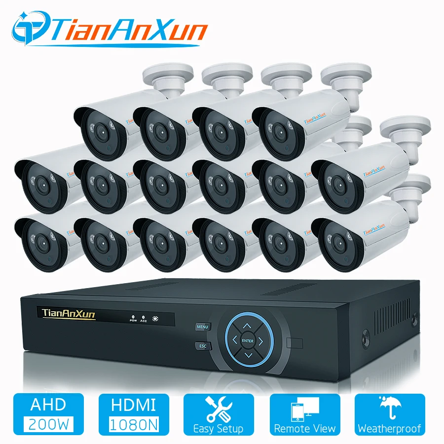TIANANXUN 16CH наблюдения Системы 1080 P Открытый безопасности Камера 16CH CCTV видеорегистратор комплект видеонаблюдения iPhone Android удаленного