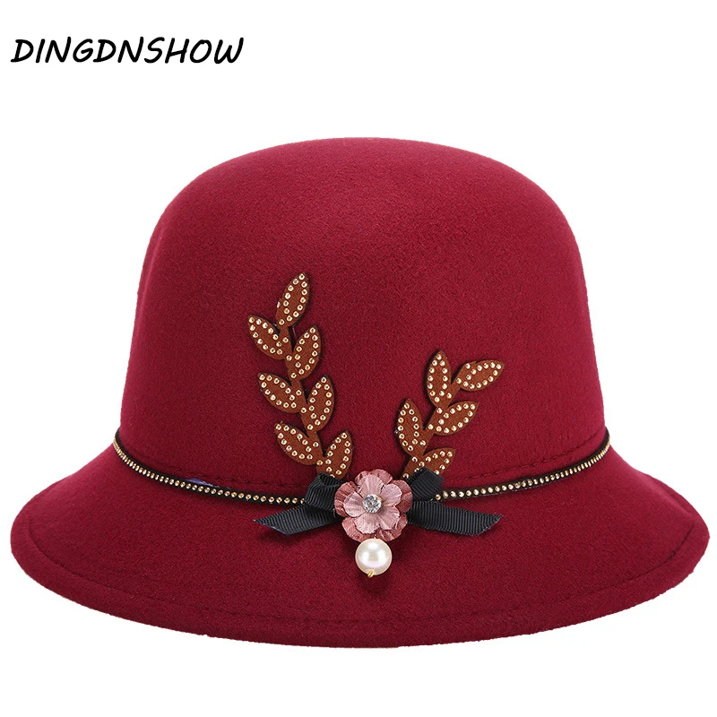 

[DINGDNSHOW] New Fedora Hat Wool Flower Winter Cap Adult Bowler Derby Floppy Hats Bowknot Lady 2019