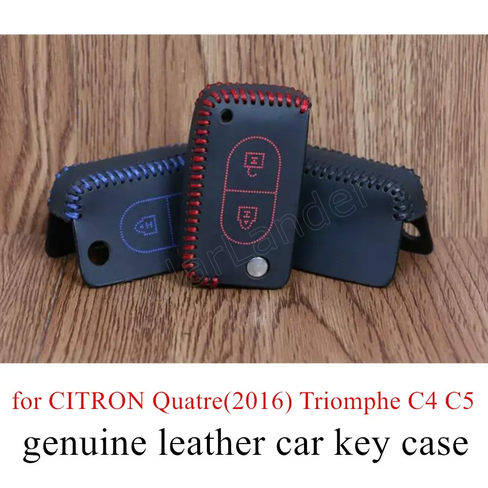 

Only Red for CITRON 2 button Quatre(2016) Triomphe C4 C5 Genuine quality leather car key case cover Hand sewing DIY car styling