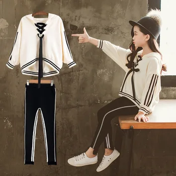 

Girls Tether Set 2018 Autumn New Korean Girls Long-sleeve Hooded Sweater Slim Leggings Two-piece Fall Girls Outfits 4-12 Year