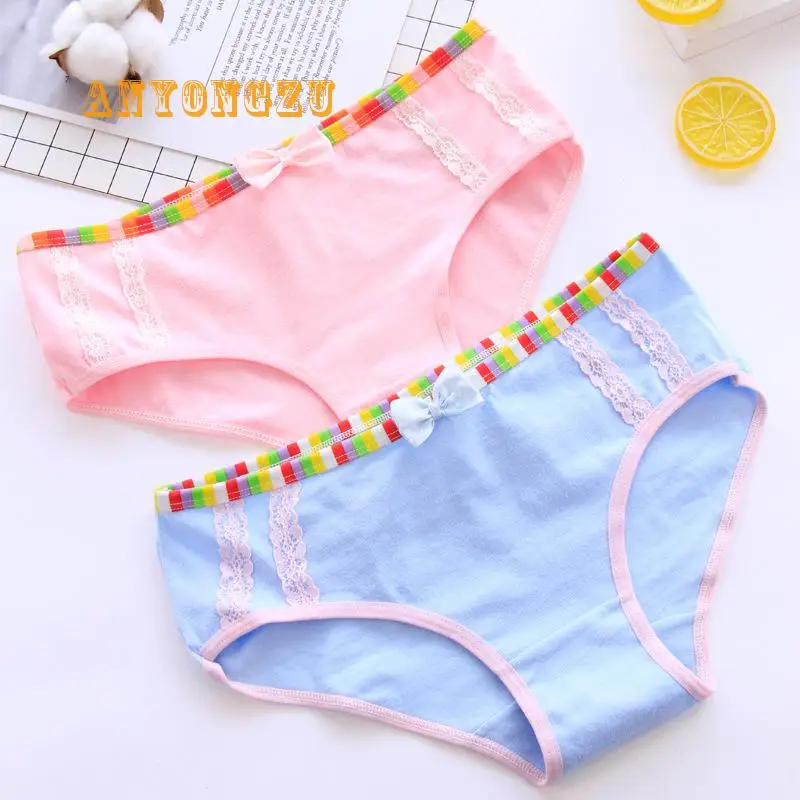 Rainbow Side Bow Lovely Lady Underwear Mid rise Pure Cotton High