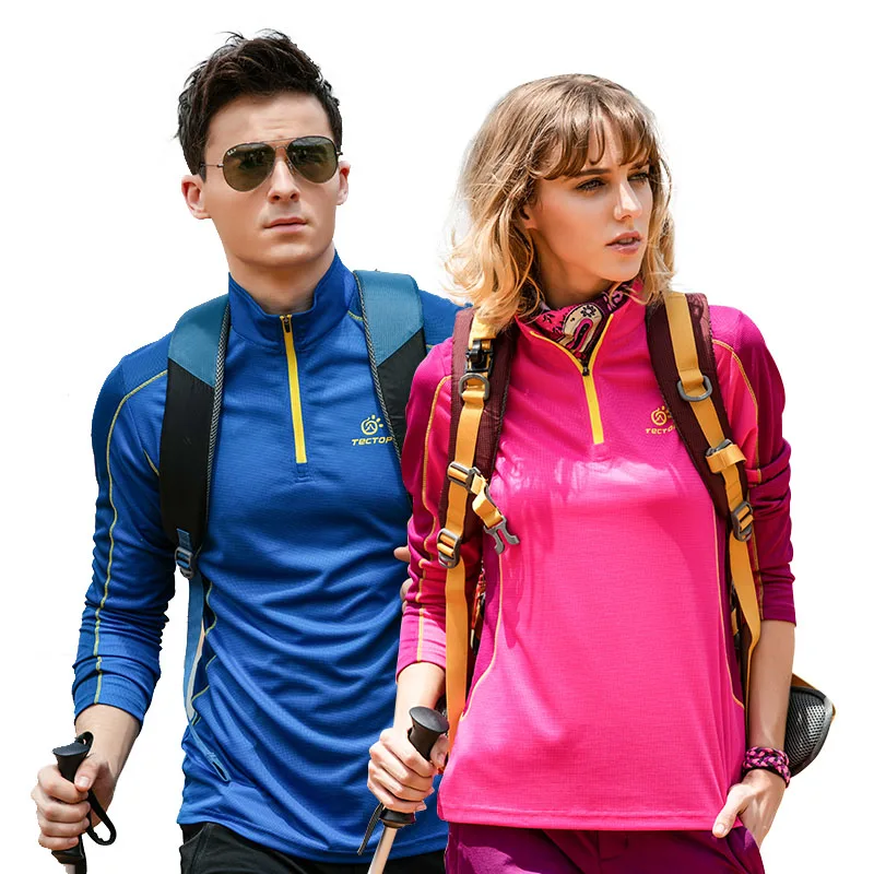 

Fashion Long Sleeve Hiking Tshirt Patchwork Casual Tee Shirt Breathable Zipper Shirt Women Quick Dry Camping Men T Shirt