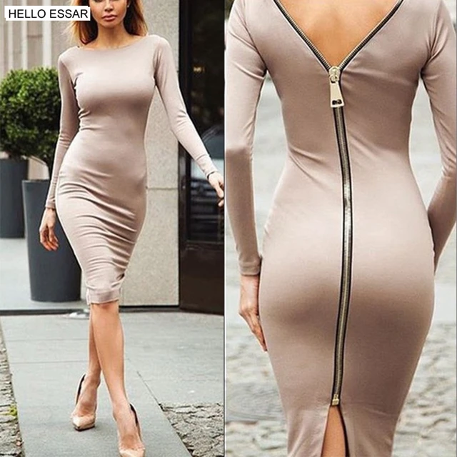 Spring new large size Bodycon dress Solid Color Round neck long sleeve Back  zipper tight dress
