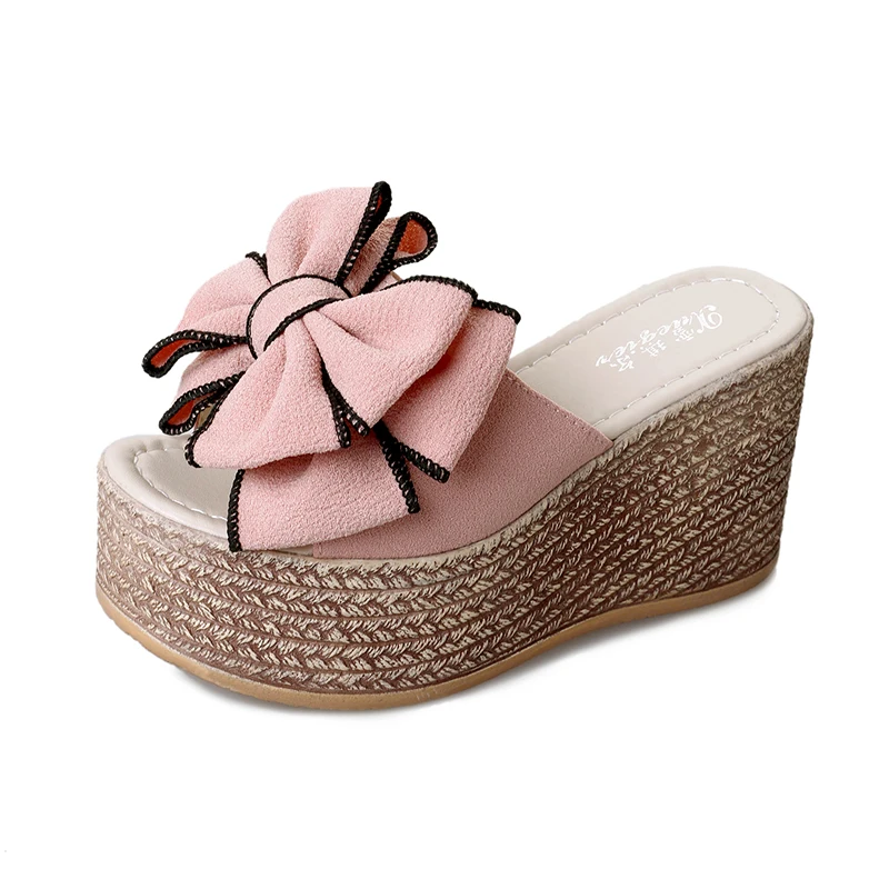 Женская летняя обувь тапочки цветочный пляжная обувь на клиновидной платформе горки для улицы chaussures femme Zapatos mujer 6398 - Цвет: Розовый