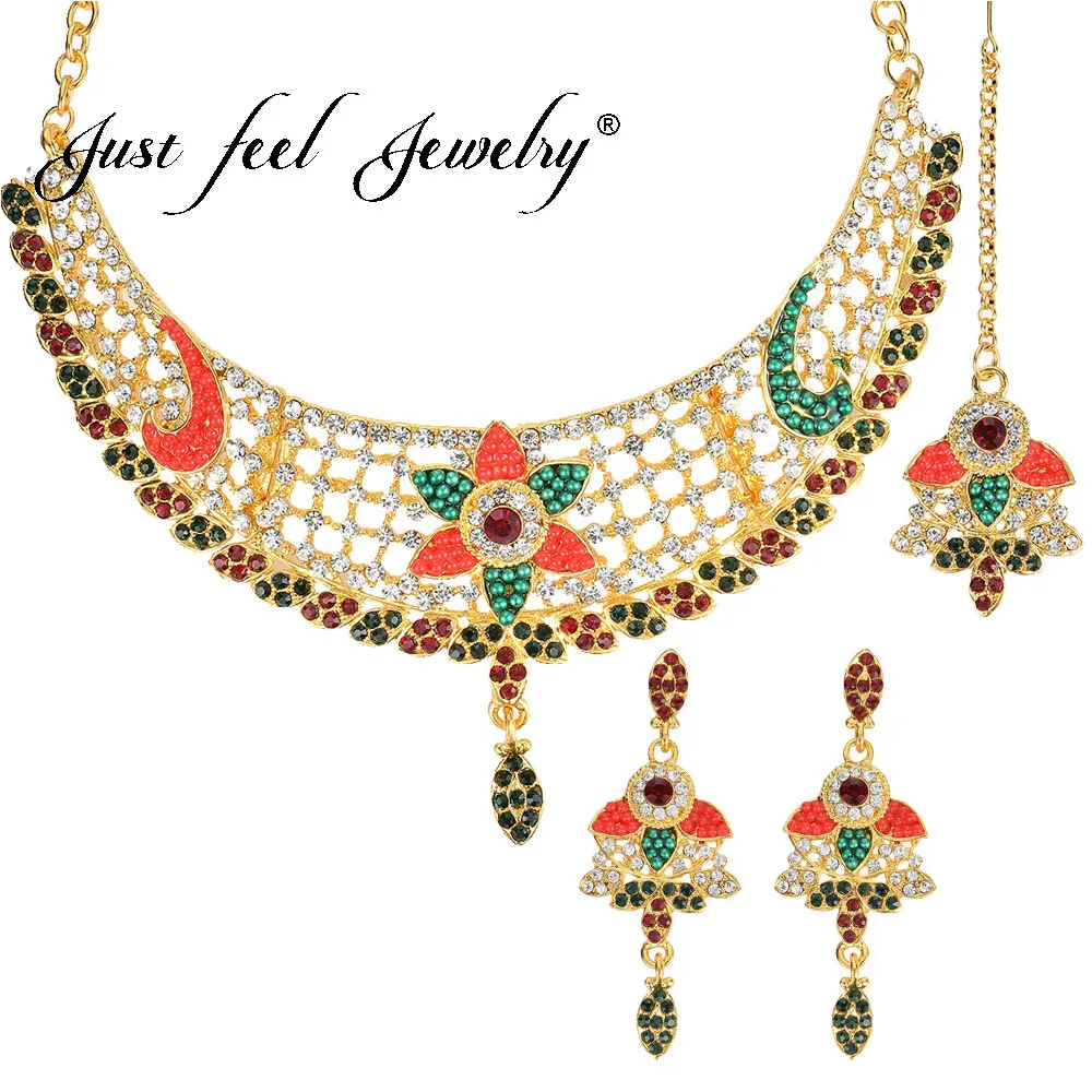 

JUST FEEL African Crystal Beads Jewelry Sets Dubai Luxury Flower Gold Color Chain Necklace Earrings Headdress Wedding For Women