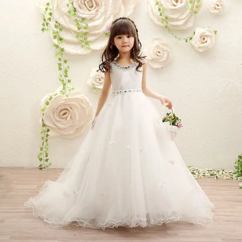 

Kids Girl Lace Tulle Dress Teenage Girls Nail Bead Princess Frocks Children Appliques butterfly Wedding Prom Down Vestidos Q95