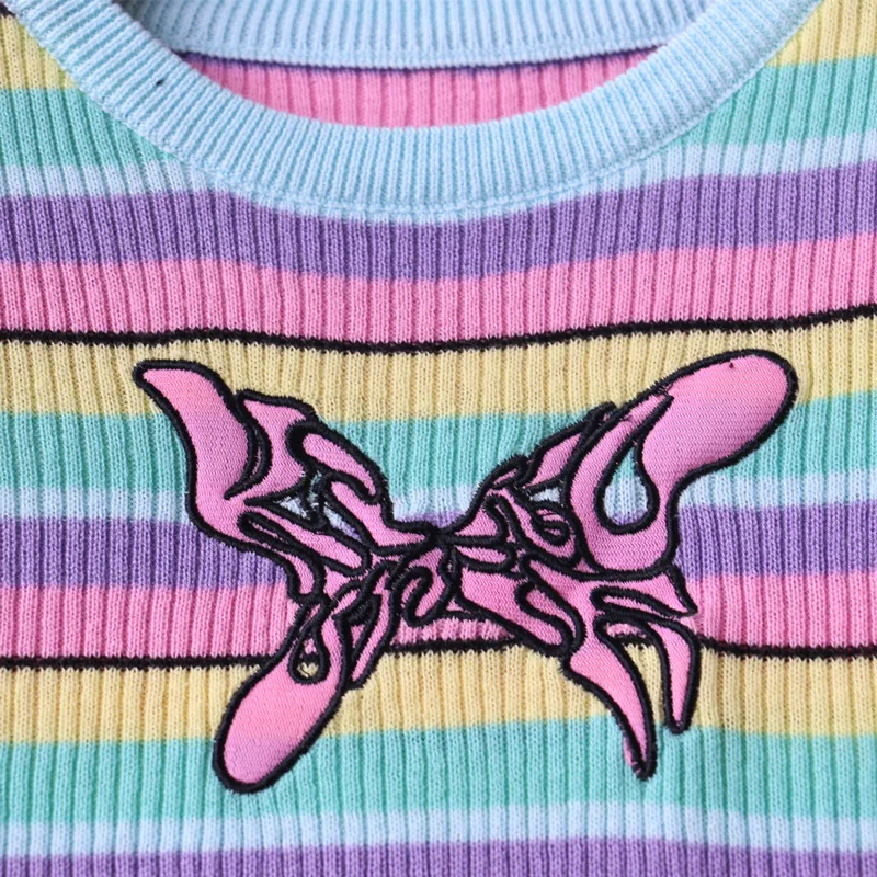 Бабочка Винтаж полосатый плотно обрезанный вязаный свитер для женщин цвет радуги укороченный топ пуловер Sueter Mujer Pulover Feminino