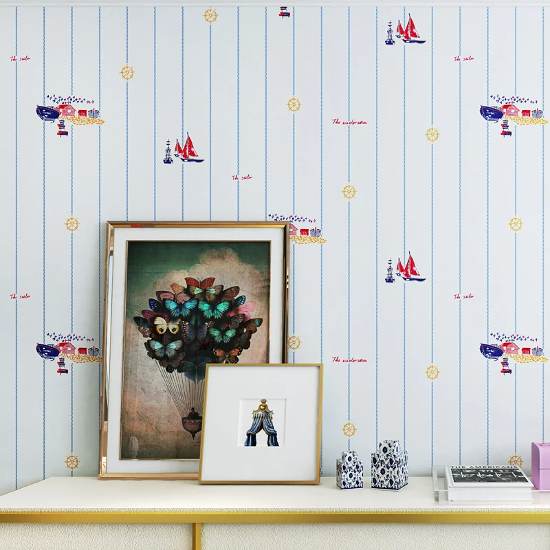 

0.53x10 m children's room wallpaper Mediterranean sailboat vertical striped pattern modern boy bedroom non-woven wallpaper