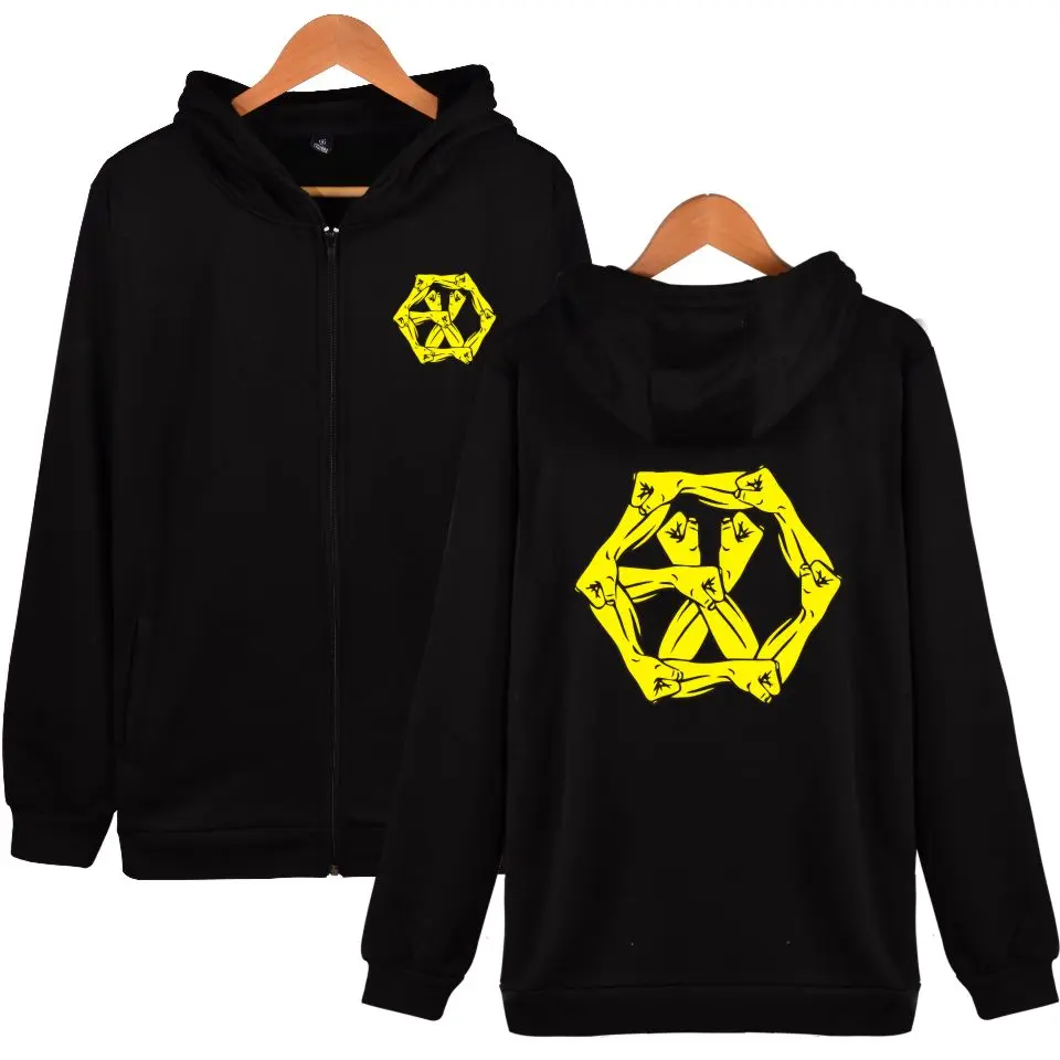 Толстовка с капюшоном EXO черная белая молнией KPOP EXO-M толстовка на молнии большой