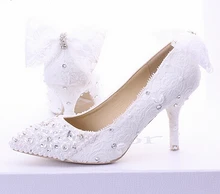 White pearl wedding shoes elegant lace rhinestone bridal shoes thin heels shallow mouth pointed toe shoes