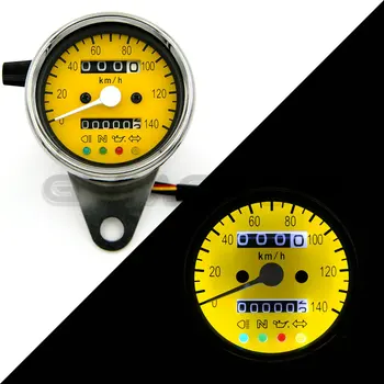 

Vintage Silver Housing Yellow Face Mechanical 140KM/H Stainless odometer speedometer+4 ADDITIONAL FEATURES LED Indicator Lights