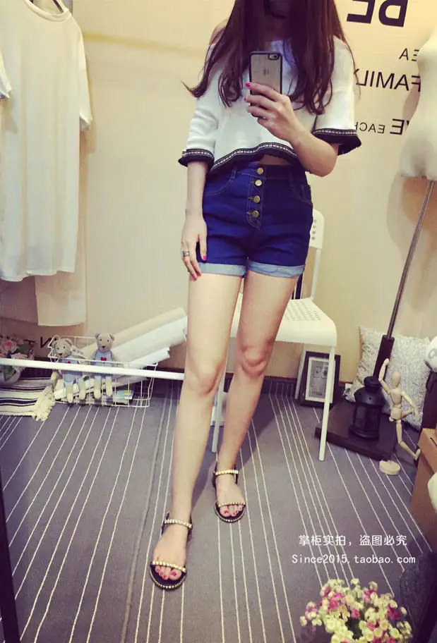 Высокая талия Джинсовые шорты для Для женщин Лето 2016 стрейч Джинсовые шорты Slim корейской повседневные джинсы Шорты для женщин Лидер sl058
