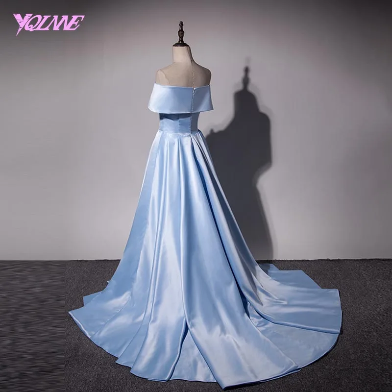 YQLNNE небесно-голубое длинное платье для выпускного вечера с открытыми плечами вечернее платье атласное платье