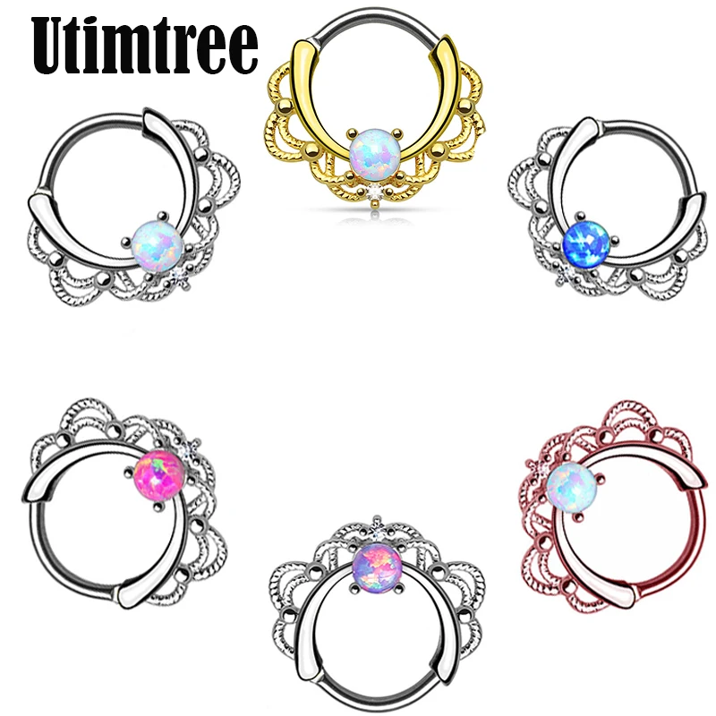 

Utimtree New Fire Opal Stone Hinged Septum Clickers Titanium Shaft G23 Pierced Round Nose Rings Nipple Piercing Body Jewellery