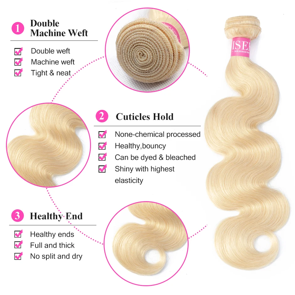 ISEE HAIR Body Wave 613 Bundles With Frontal Brazilian Hair Weave Bundles Virgin Human Hair Blonde With Closure