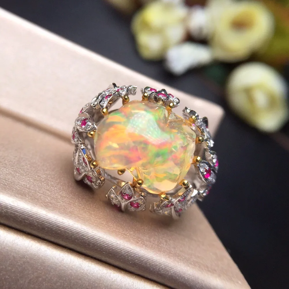 

Fine Jewelry Real Pure 18 K White Gold AU750 Love 100% Natural Yellow Opal Gemstones 8ct Female Rings for Women Fine Ring