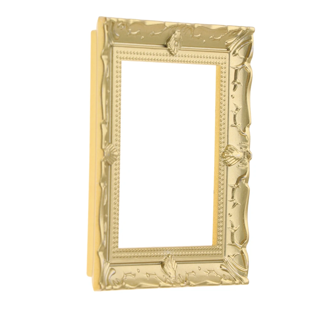 Vintage Empty Golden Picture Painting Frame Rectangular Photo Frames with Sculpture Design For 1/12 Dollhouse Wall Decorations