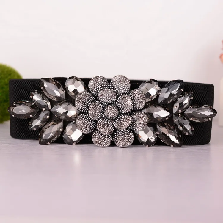 Элегантный широкий эластичный корсет пояс для женщин Ювелирный пояс Стразы ремни в цветочек роскошный кристалл ретро для девочек Ceinture - Цвет: black F320