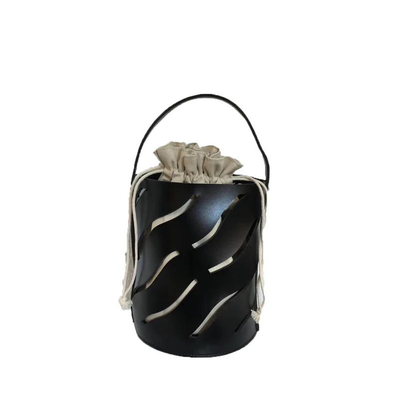 

2019 Women's handbag Summer Hollow bucket bag black PU leather tote bags Lady Openwork Bag NEW Fashion Drawstring Shoulder Bag