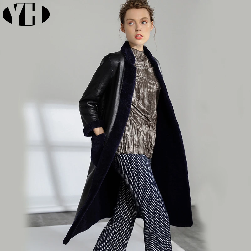 

2019 New arrive womren real Merino sheep fur jacket long style 100% nature double faced sheep leather coat