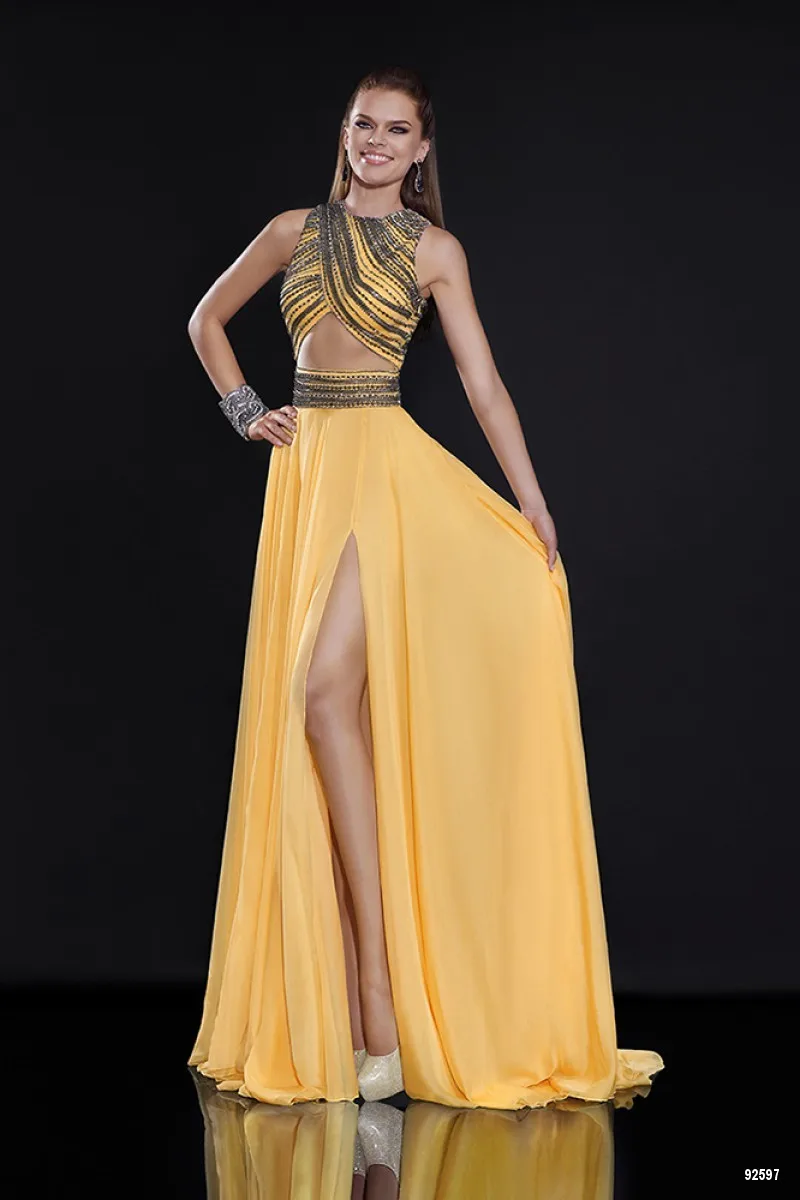 Hot Sale Yellow Two Piece Prom Dresses Sexy Slit Side Long Train