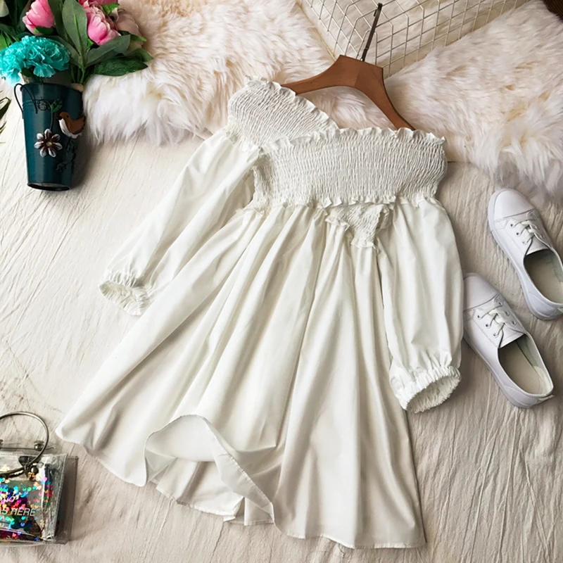 Ceny 2019 lato koreański nowy kobiety słodki off ramię sukienka z dekoltem w serek jednolity kolor jeden rozmiar wysokiej talii Slim Puff latarnia rękaw sukienki