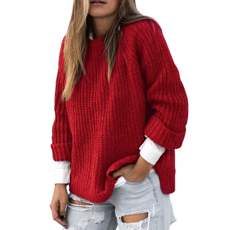 Модный Повседневный пуловер с круглым вырезом и длинными рукавами, однотонный вязаный свитер свободного кроя в Европейском стиле, тонкий