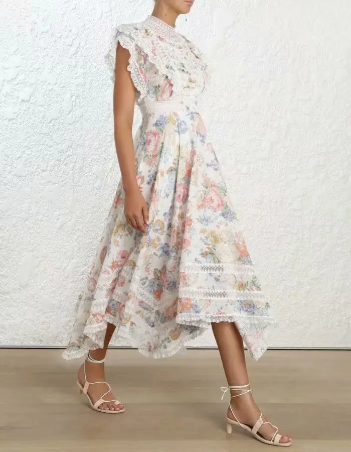 

2019 New Arrival Short Sleeve Linen Printed Lace Long Dress Women's Dress 190218H03