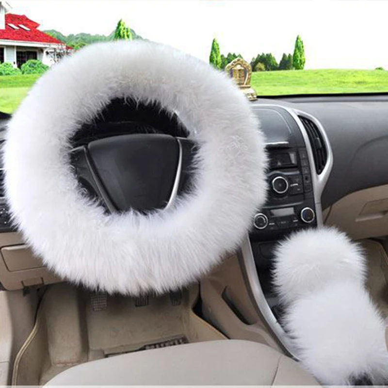 3pcs Set Long Plush Warm Steering Wheel Cover Woolen Handbrake Car Accessory Universal 3pcs Set Long Plush Warm Steering Wheel Cover Woolen Handbrake Car Accessory Universal