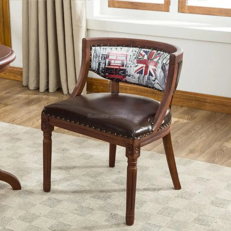 

American dining chair European solid wood dining chair cafe hotel high-end dining chair retro old wooden study chair