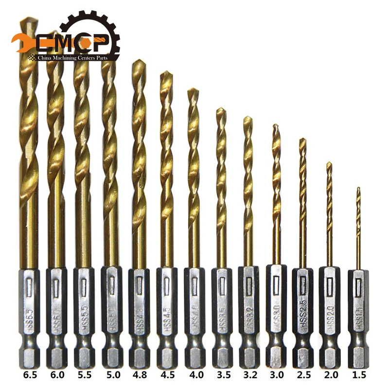 

13PC Titanium Coated HSS Drill Bit Set for Metal Power Tools Drill Accessories with 1/4" Hex Shank