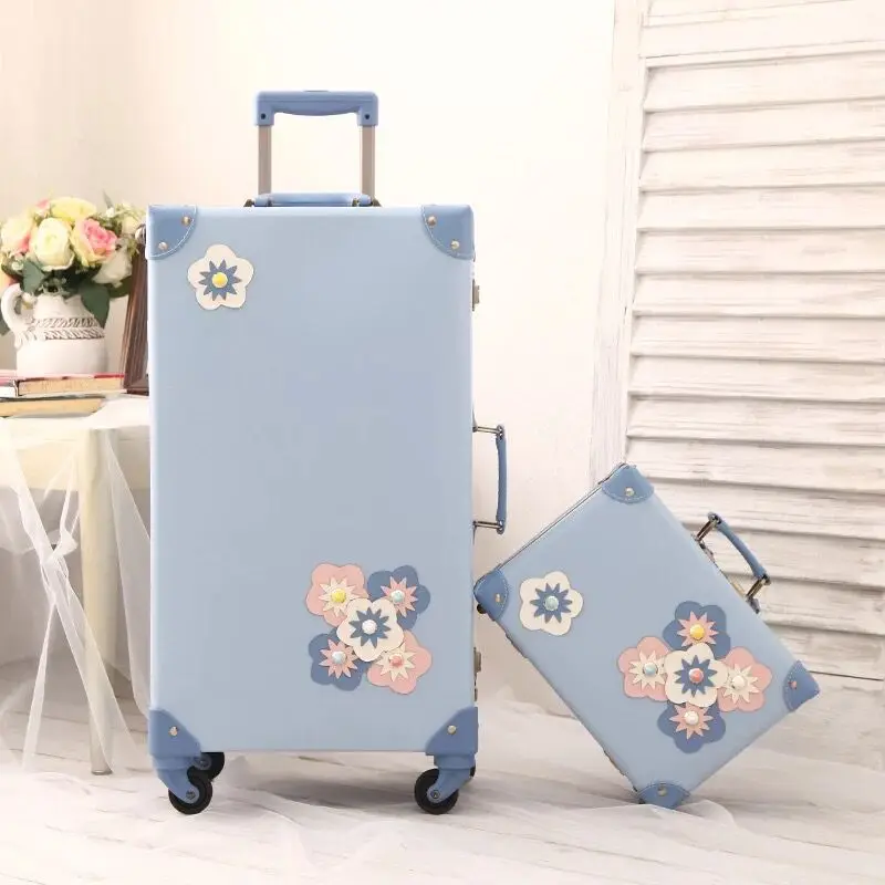 Hot!New girl Vintage Floral PU Rolling Luggage sets,13"20"22"24"26"inch Women Trolley Suitcase with Cosmetic case On Wheels