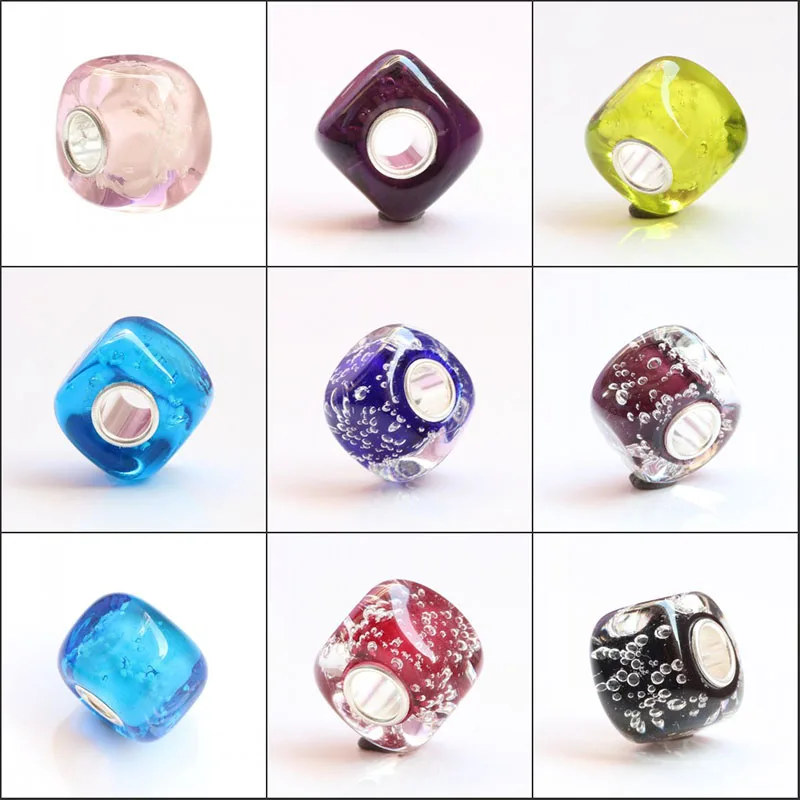 

925 Sterling Silver Large Hole Colorful 3D bubbles Charm Square Glass Beads Fit European Bracelet Jewelry