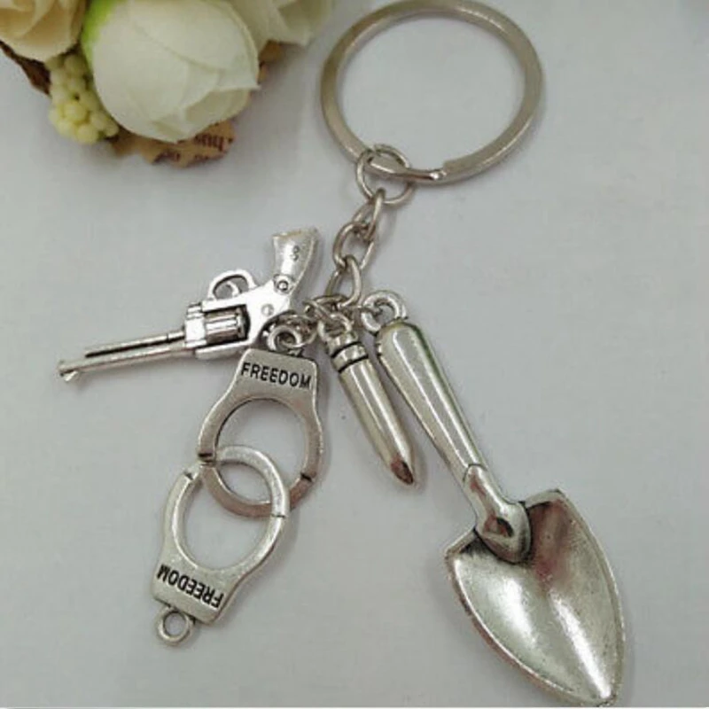 

Retro Silver Gun Bullets Handcuffs Shovel Tools Keychain Car Keychain Couple Keychain Jewelry Mixed Style