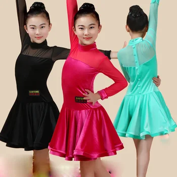 

Latin Dance Dress For Girls Long Sleeve Velvet High Collar Salsa Samba Dancing Clothes Child Competition Performance Wear DN2692