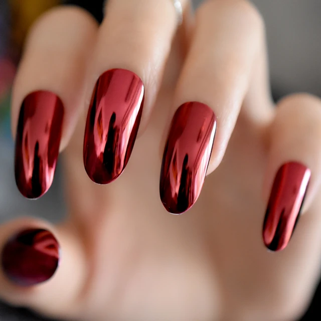 Gorgeous Mirror Acrylic Nails Red Wine Round Extra Long False Gorgeous Mirror Acrylic Nails Red Wine Round Extra Long False Metallic Style Nail Tips 24pcs