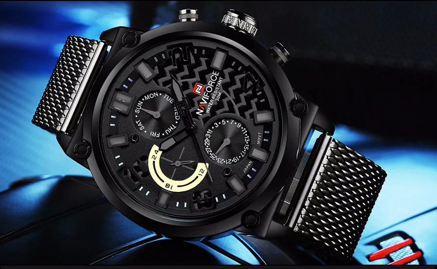NAVIFORCE Лидирующий бренд Модные повседневное кварцевые часы для мужчин 30 м водонепроницаемые спортивные часы Нержавеющая сталь сетка Группа