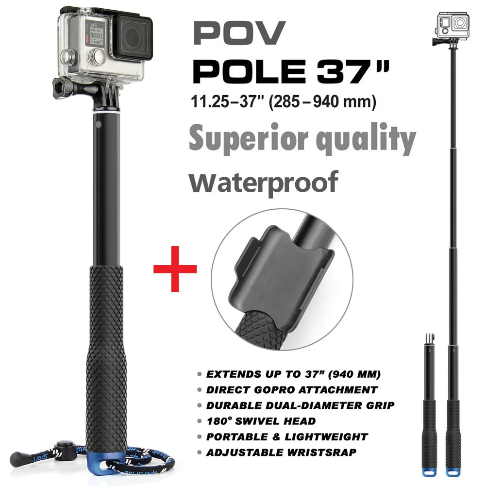 

QIUNIU For Go Pro 37'' Extendable Handheld POV Pole Telescopic Monopod Stick w/ Wifi Remote Holder Clip for GoPro Hero 6 5 4 3+