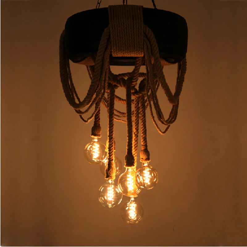 original Vintage industrial style light rope retro edison bulb lamps E27 wicker pendant wrought iron lights hotel bar fixtures Wholesale Lights & Lighting