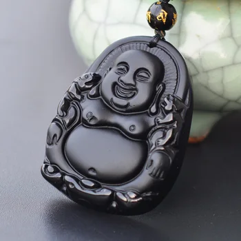 

Drop Shipping Natural Obsidian necklace Pendant Fine black smile Maitreya Buddha pendant For Woman men Vintage Free Chain