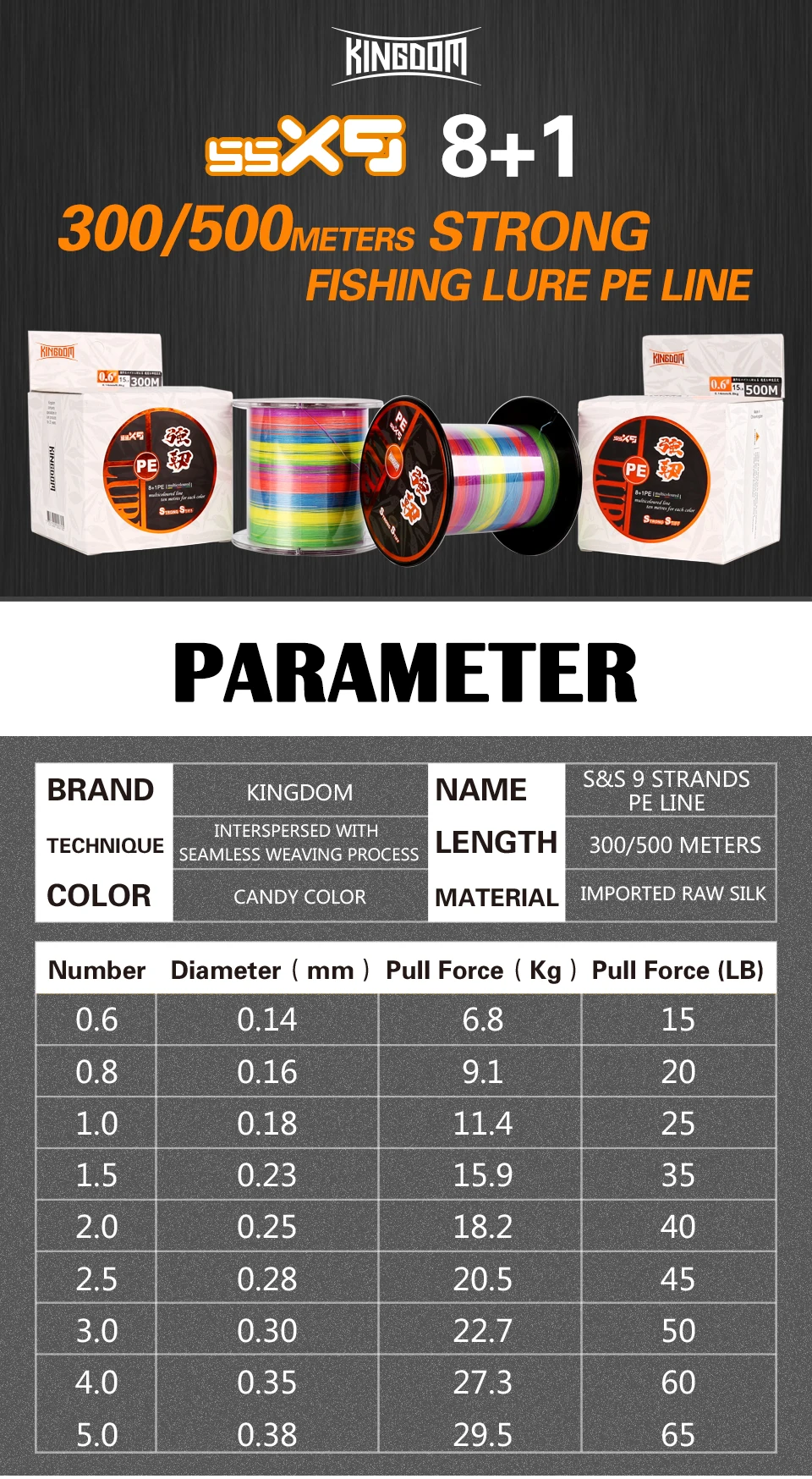 Kingdom Fishing Line 300M 500M PE 9 Strands Weaves PE braid line 15-65LB Super Strong line Multifilament For Fishing (1)