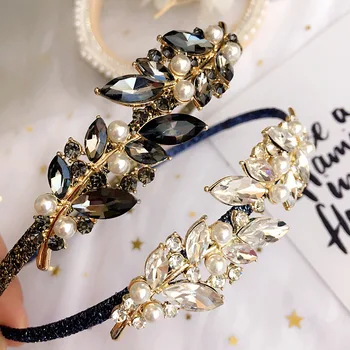 

Retail 1pc Fashion Royal Crystal Pearl Floral Hard Headbands Solid Glitter Flower Hairbands Princess Headwear Accessories