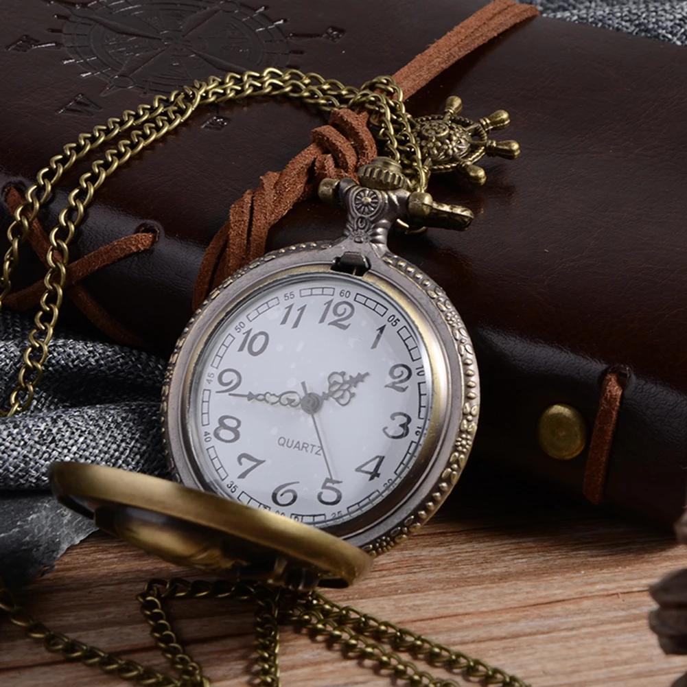 Cindiry Bronze Quartz Pocket Watch Pirates Of The Caribbean Nostalgic Retro Necklace Chain Gifts Men Women Regarder P20 european and american movies aladdin and the magic lamp quartz pocket watch do the old flip quartz watch chain table ds274