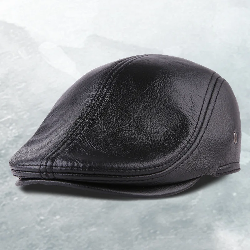 

Louvize Victor New Fashion Cowhide Leather Unisex Visor Hat Genuine Leather Cap Mens Baret Cowhide Flat Cap Vintage Newsboy Cap