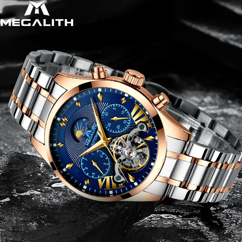 MEGALITH мужские модные автоматические водонепроницаемые механические наручные часы светящиеся Авто Дата Неделя Луна фаза часы мужские спортивные часы Tourbillon