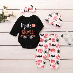 Для новорожденных комплект одежды для мальчиков и девочек 2018 Новая осень Хэллоуин маскарад буквы боди брюки Hat шарф 4 шт. заказчика одежда